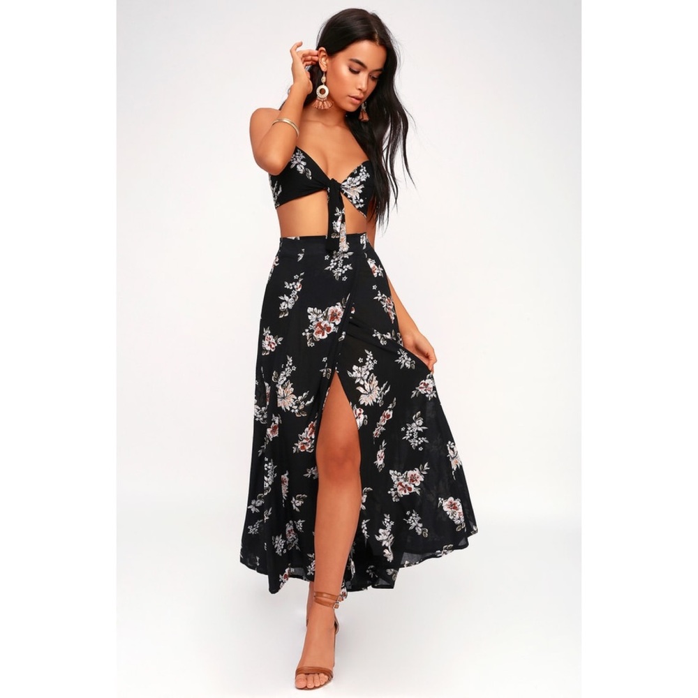 Black Floral Print Wrap Maxi Skirt